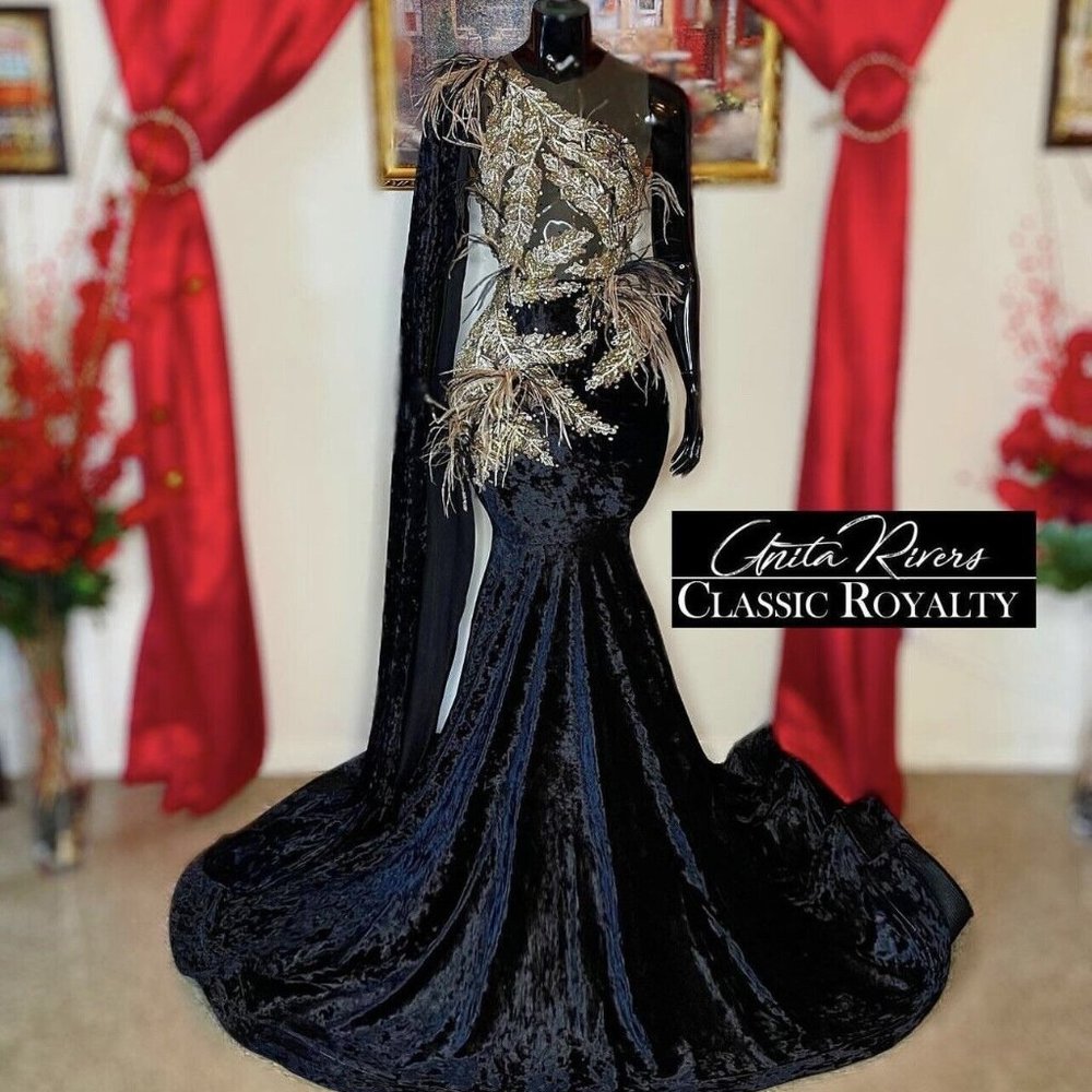 prom dress long black and gold